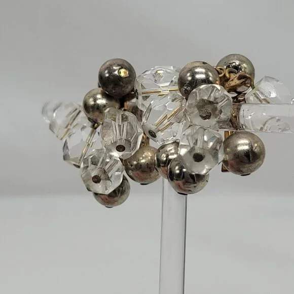 Vintage Cluster Clip-On Earrings With Clear Faceted Beads & Silver-Tone Balls - Picture 7 of 11